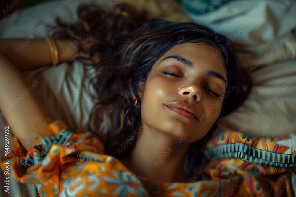 A multiracial woman is laying in bed with her eyes peacefully closed A multiracial woman is laying in bed with her eyes peacefully closed