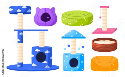 Set of cat furniture for sleep. Collection of pet bed houses, cat tree with climbing platforms, toys and scratching post. Cat towers and baskets. Isolated vector illustration in cartoon style