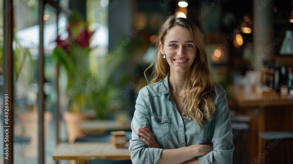 A smiling woman standing with arms crossed in modern cafe. A smiling woman standing with arms crossed in modern cafe.