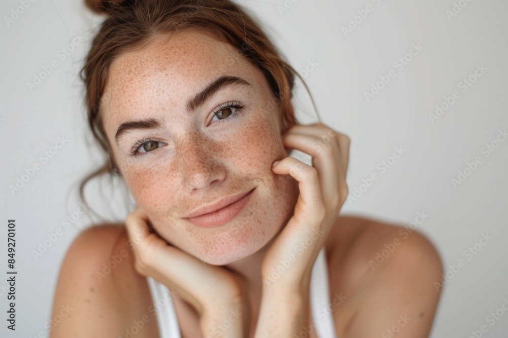 Beautiful woman with clean fresh skin and freckles smiling and touching her cheek with hand. Beautiful woman with clean fresh skin and freckles smiling and touching her cheek with hand.