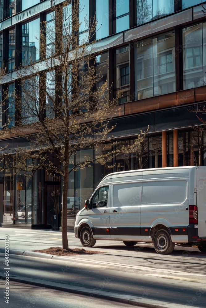 Professional Laundry Pickup and Delivery Van in Urban Office Setting Professional Laundry Pickup and Delivery Van in Urban Office Setting
