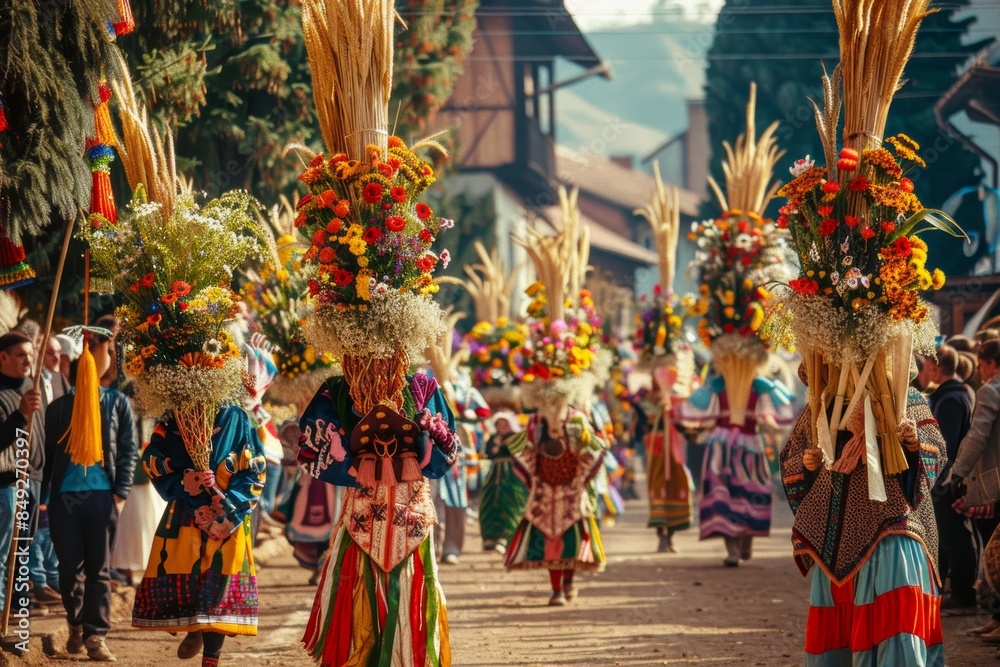 Fototapeta premium Grain Harvest Festival Parade with Decorated Floats and Colorful Costumes in Village Celebration