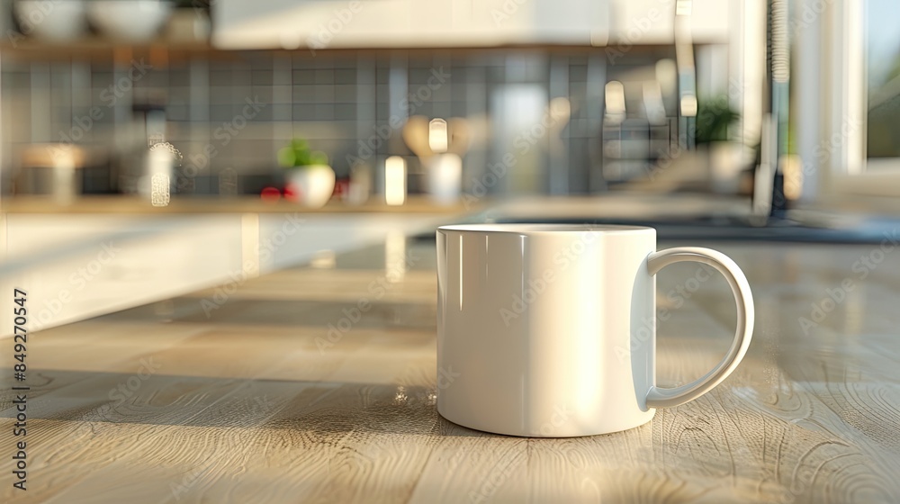 a white coffee mug mockup placed in a modern kitchen, featuring a marble countertop and a subway brick backsplash wall. a white coffee mug mockup placed in a modern kitchen, featuring a marble countertop and a subway brick backsplash wall.