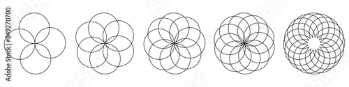 Intersecting, overlapping circles, rings element. Vector illustration. Isolated on white background.