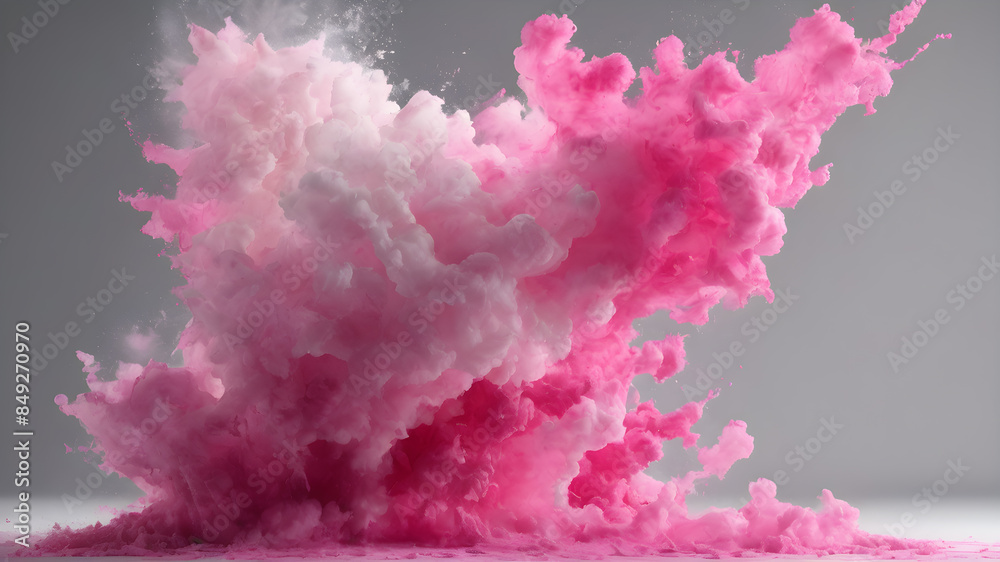 Fototapeta premium Powerful explosion of pink dust, light soft pink grey cloud smoke abstract background