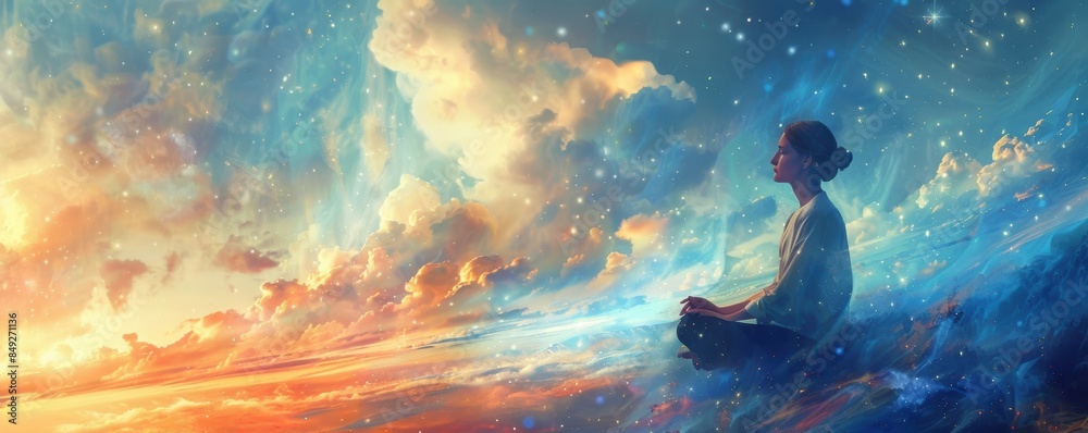 A person meditates amidst a surreal blend of clouds and stars, creating a peaceful, dream-like atmosphere. A person meditates amidst a surreal blend of clouds and stars, creating a peaceful, dream-like atmosphere.