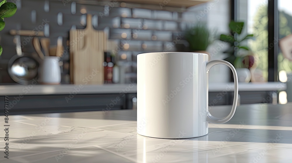 a white coffee mug mockup placed in a modern kitchen, featuring a marble countertop and a subway brick backsplash wall. a white coffee mug mockup placed in a modern kitchen, featuring a marble countertop and a subway brick backsplash wall.