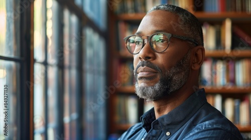 A confident, handsome middle-aged black man in front of a window at home in a library.