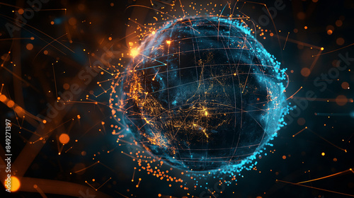 a blue and orange globe surrounded by lines and dots of light and dots of dots on a black background