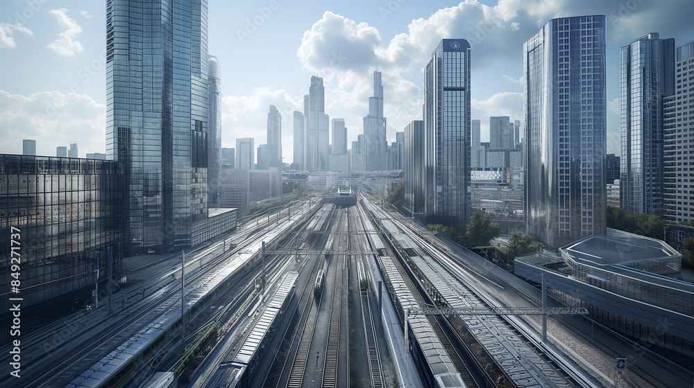 a city with a lot of tall buildings and a train station in the middle of it's center a city with a lot of tall buildings and a train station in the middle of it's center