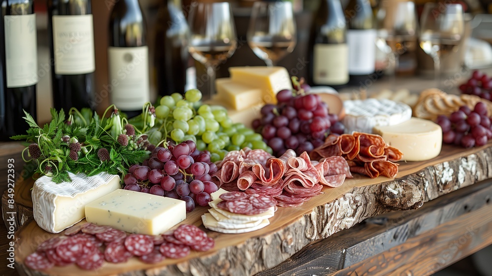 Rustic Wooden Board With Salami, Cheese, Grapes, and Wine Rustic Wooden Board With Salami, Cheese, Grapes, and Wine