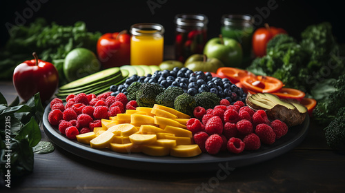 Principles of a healthy lifestyle: proper nutrition with a balanced diet, incorporating vegetarian options, vegetables, fruits, and keto ketosis guidelines. photo