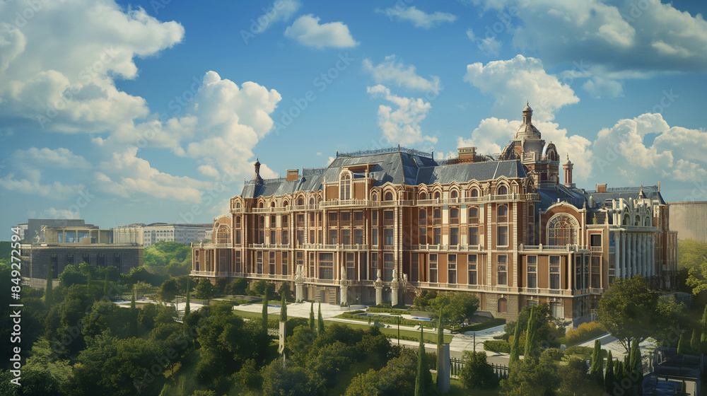 Naklejka premium a large building with a lot of windows and a sky background with a few clouds in the sky above it