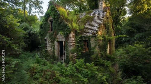 A small, abandoned stone cottage sits in the middle of a dense forest. The cottage is covered in vines and moss, and the windows are broken.