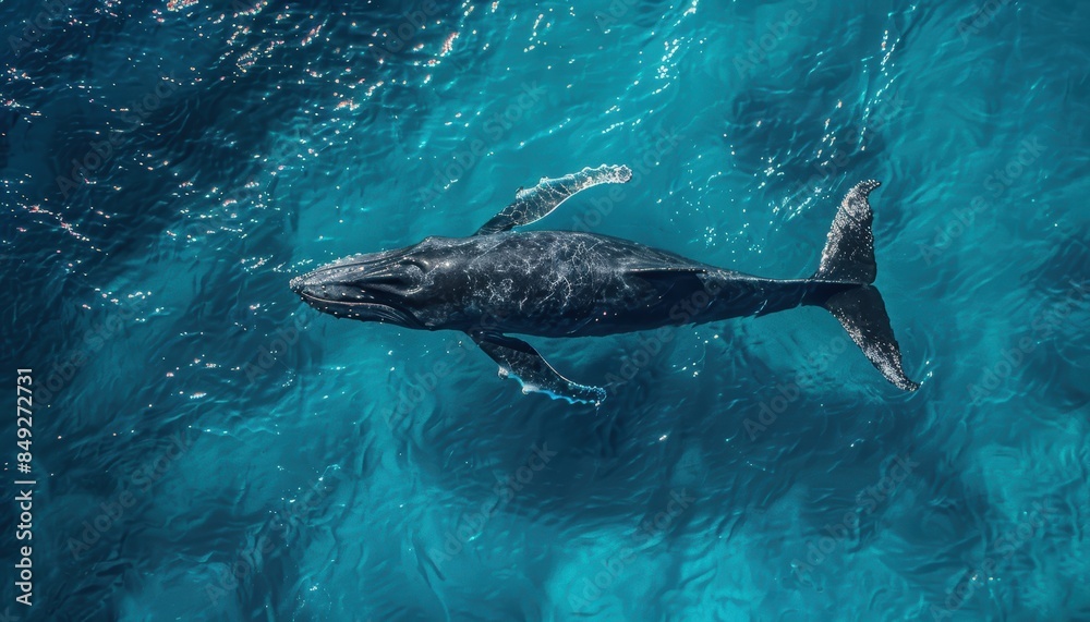 Obraz premium Aerial view of a majestic whale swimming in clear blue ocean waters, showcasing the beauty and scale of marine wildlife.