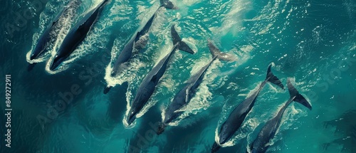 Aerial view of a pod of whales swimming in the clear blue ocean, showcasing marine life in natural habitat during a sunny day. photo