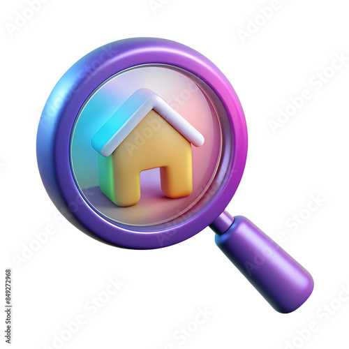 Magnifying glass with house, real estate search 3d icon, Trendy illustration holographic color, for real estate agency, property business, Selling, buying, rentals apartments, mortgage statistic.