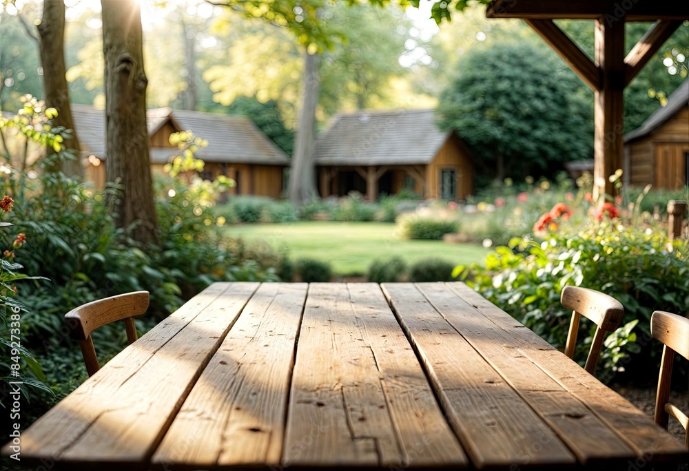 Rustic Wooden Table Against a Serene Natural Backdrop