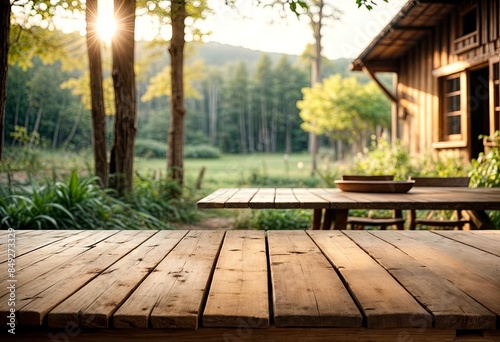 Rustic Wooden Table Against a Serene Natural Backdrop