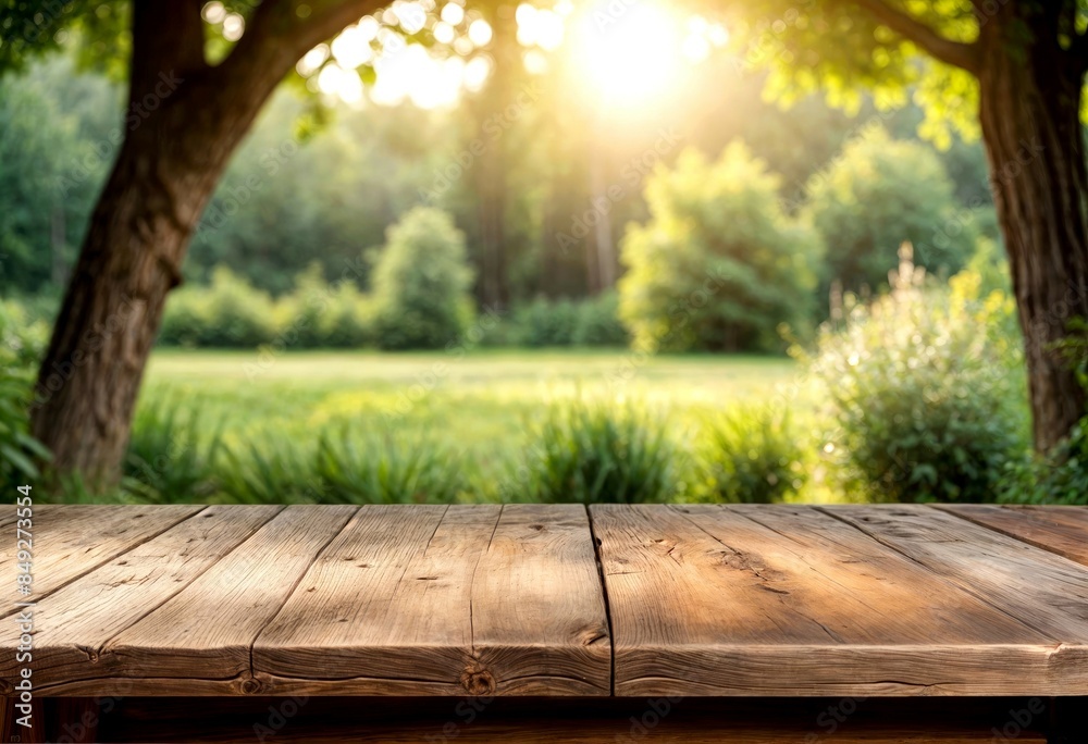 Rustic Wooden Table Against a Serene Natural Backdrop Rustic Wooden Table Against a Serene Natural Backdrop