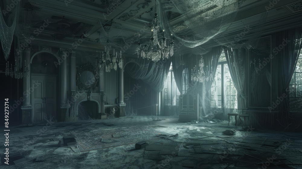 Fototapeta premium An abandoned, decaying grand hall with broken windows and shadows, showcasing eerie beauty and haunting atmosphere.