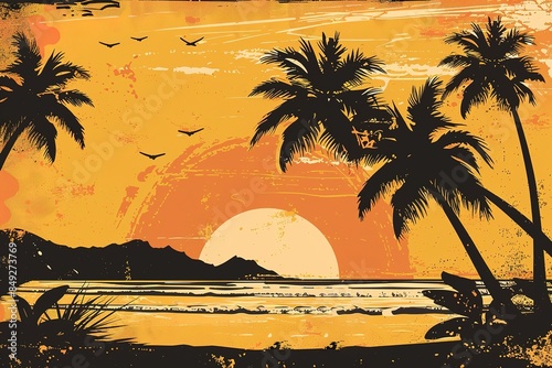 Summer tropical background. Sunset or sunrise colors. Beautiful orange sky and nature landscape with a sailing ship at sea. Flat style illustration.
