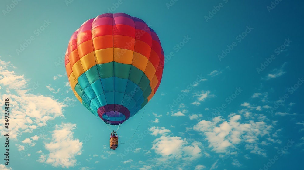 Naklejka premium Rainbow Pride Hot Air Balloon Against Blue Sky