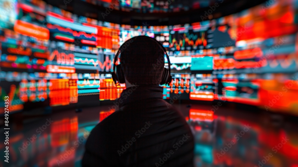 A digitally enhanced 32k Super-Resolution image of a financial analyst analyzing stock market trends on multiple computer screens, surrounded by data charts and graphs. The scene is highly detailed, A digitally enhanced 32k Super-Resolution image of a financial analyst analyzing stock market trends on multiple computer screens, surrounded by data charts and graphs. The scene is highly detailed,