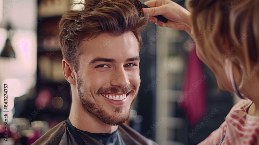 Naklejka premium Smiling young man enjoys a professional haircut from a stylist in a modern hair salon