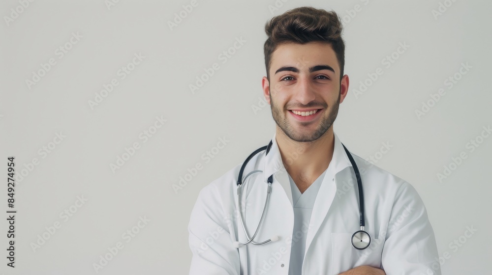 Professional doctor in a spotless white coat smiles warmly with his stethoscope hanging on his neck Professional doctor in a spotless white coat smiles warmly with his stethoscope hanging on his neck