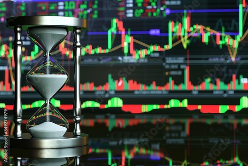 An hourglass timer sits in front of aGu Piao  market chart. photo