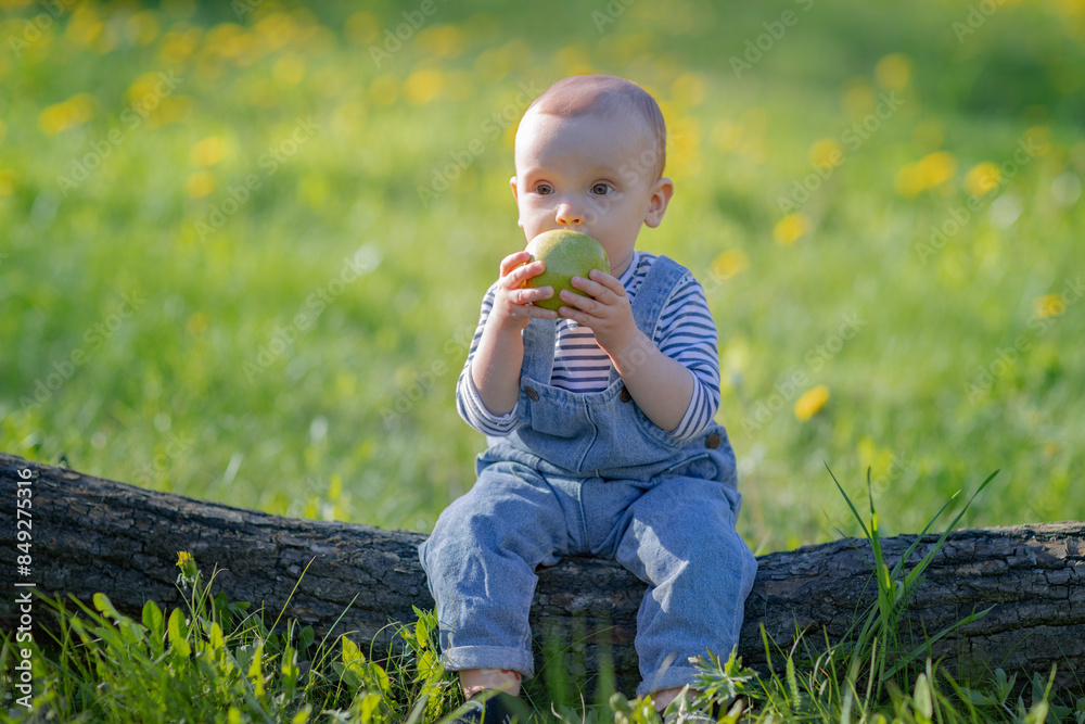 Eating an apple, portrait of happy child eating green apple outdoors Eating an apple, portrait of happy child eating green apple outdoors
