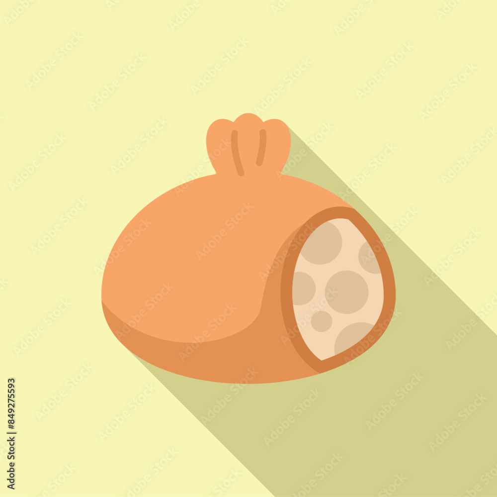 Single khinkali with meat filling showing, isolated on a yellow background with a long shadow Single khinkali with meat filling showing, isolated on a yellow background with a long shadow