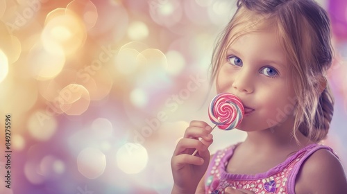 A beautiful little girl, her eyes sparkling with delight, savors a colorful lollipop, her face radiating pure joy.