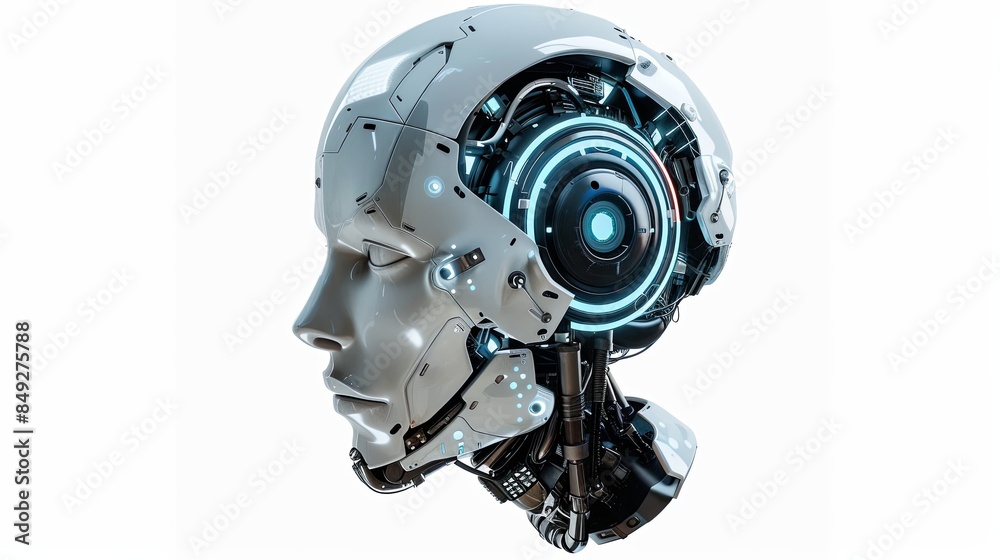 3D rendering of an AI robot head with a digital brain engine visible inside. The robot is isolated on a white background with a clipping path. Generative AI 3D rendering of an AI robot head with a digital brain engine visible inside. The robot is isolated on a white background with a clipping path. Generative AI