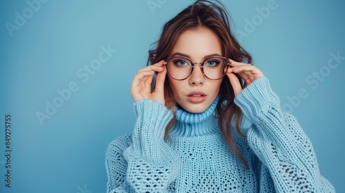 Woman in a blue sweater holding glasses in her hands