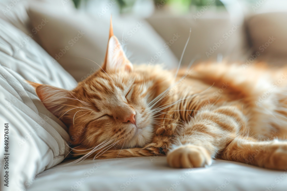 Obraz premium Peaceful Sleeping Cat. A serene image of a fluffy orange tabby cat peacefully sleeping on a soft couch, exuding calmness and relaxation.