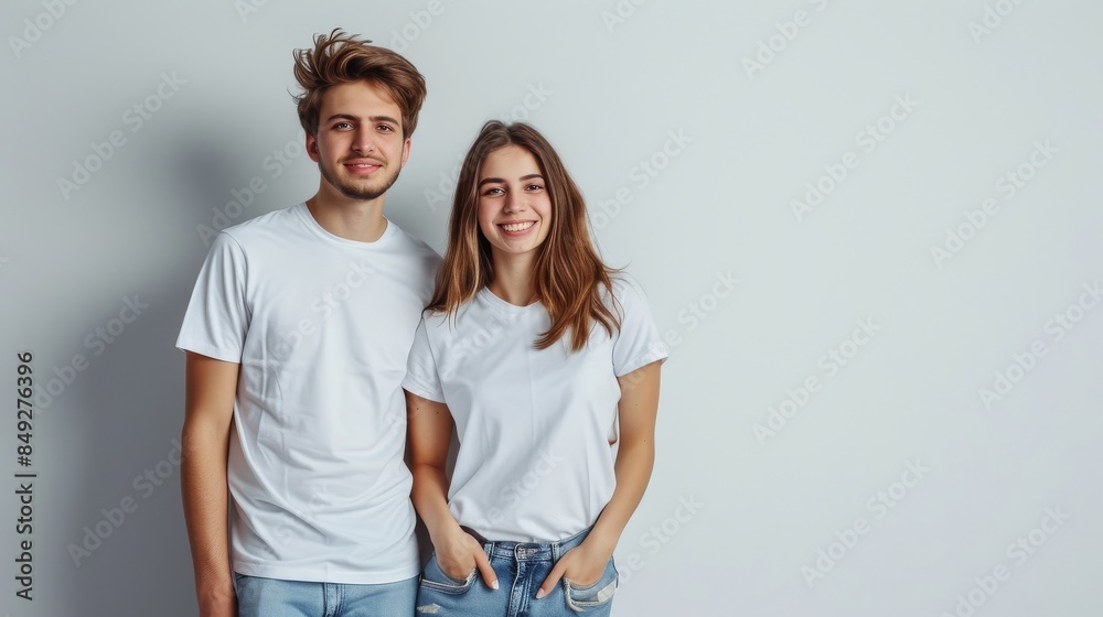 Stylish couple stands side by side, wearing matching T-shirts Stylish couple stands side by side, wearing matching T-shirts