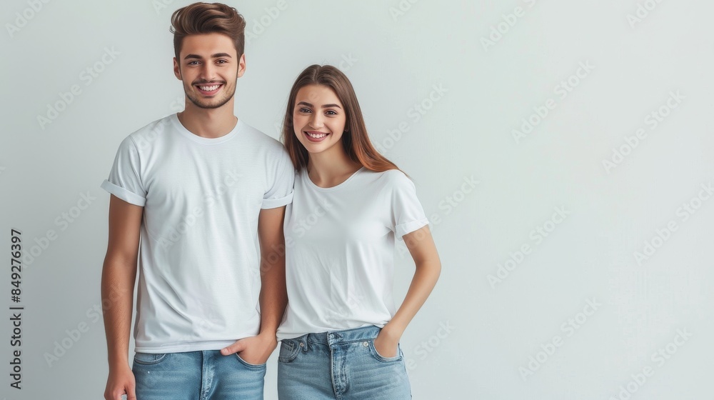 Stylish couple stands side by side, wearing matching T-shirts Stylish couple stands side by side, wearing matching T-shirts