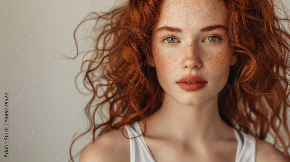 Portrait of beautiful young woman with curly red hair and perfect clean fresh skin on isolated background. Portrait of beautiful young woman with curly red hair and perfect clean fresh skin on isolated background.