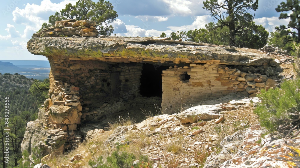 Ancient cliff dwelling in a canyon. The dwelling is made of stone and ...