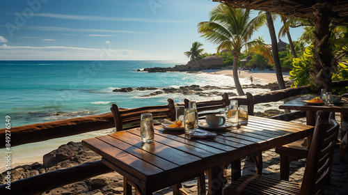 Restaurant table with food at a tropical resort beach paradise. Enjoy amazing nature, a stunning ocean lagoon, blue skies, and palm trees. Perfect for a luxury summer vacation and travel adventure.