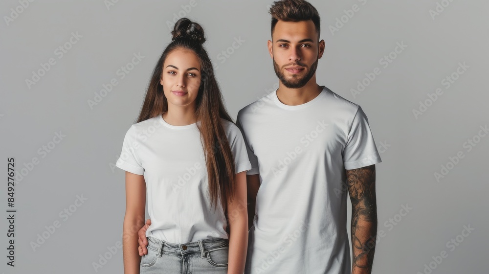 Stylish couple stands side by side, wearing matching T-shirts Stylish couple stands side by side, wearing matching T-shirts