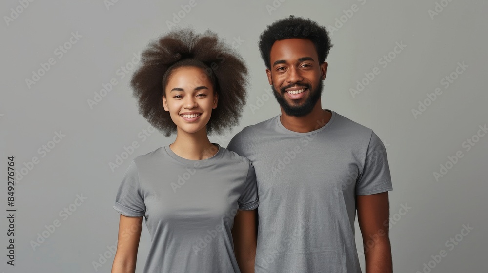Man and woman in matching T-shirts standing side by side, grey background Man and woman in matching T-shirts standing side by side, grey background