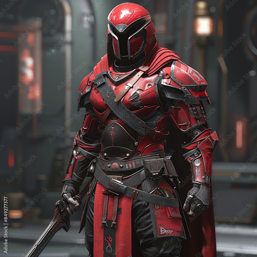 A modernized Spartan warrior in a sleek, stylish fusion outfit of red and black.--ar 9:16 A modernized Spartan warrior in a sleek, stylish fusion outfit of red and black.--ar 9:16
