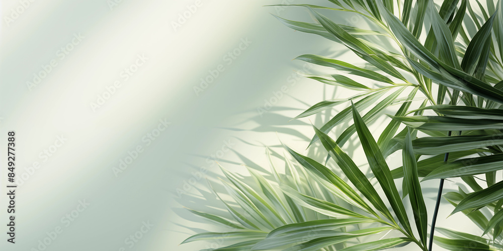 Elegant Summer Background with Palm Leaves and Shadows on Light Green Pastel Gradient, Perfect for Minimalistic Product Displays and Text Features Elegant Summer Background with Palm Leaves and Shadows on Light Green Pastel Gradient, Perfect for Minimalistic Product Displays and Text Features