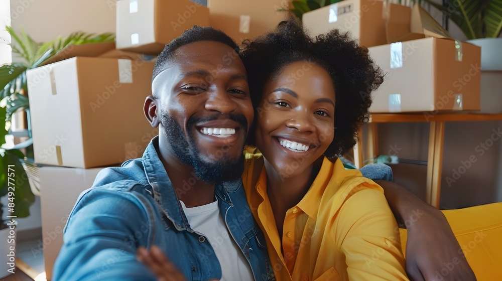 Obraz premium Joyful couple taking selfie while packing for new home move