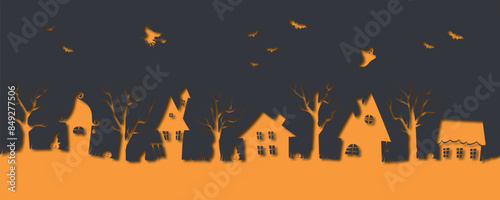 Halloween Seamless Border. Spooky village. Halloween Houses. Orange Silhouettes of houses, trees, witch, ghost, bats on black background. Halloween border in Paper CutOut Style. Vector illustration