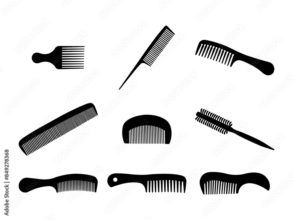 Set of Comb Silhouette in various poses isolated on white background Set of Comb Silhouette in various poses isolated on white background