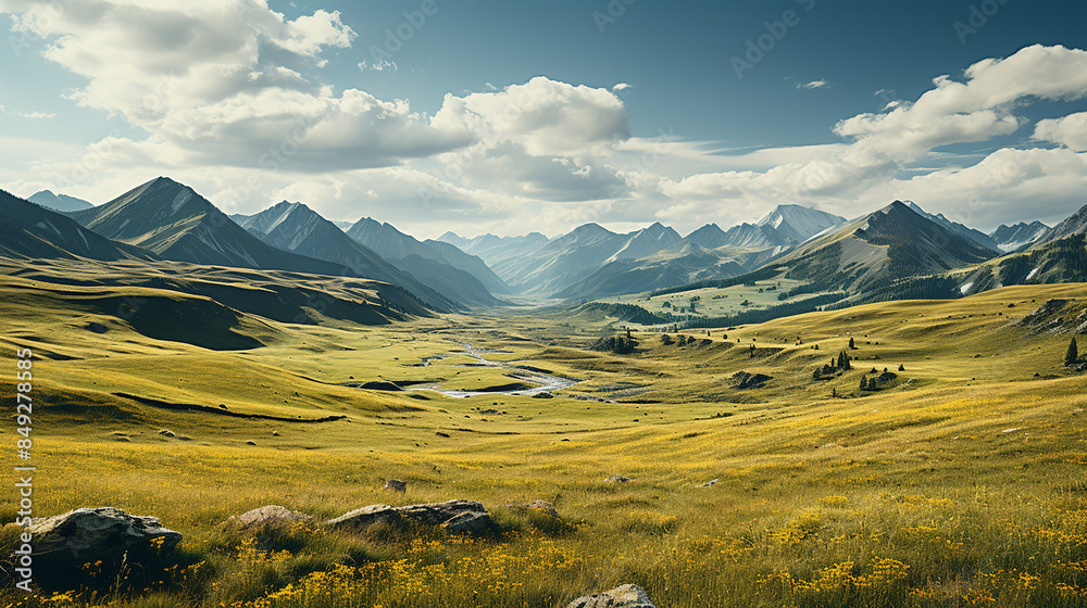 Scenic view of mountain and grass covered hills Scenic view of mountain and grass covered hills